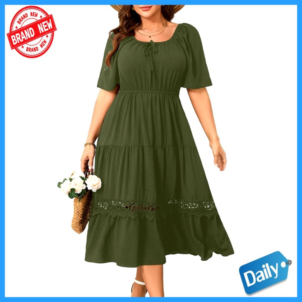 Plus Size Maxi Dress Square Neck Lace Trim Flowy A-Line Casual Party